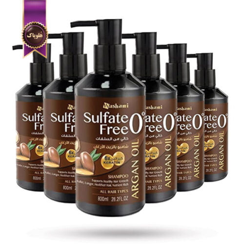 6 عدد شامپو مو واشامی washami مدل بدون سولفات آرگان sulfate free argan حجم 800 میلی لیتر