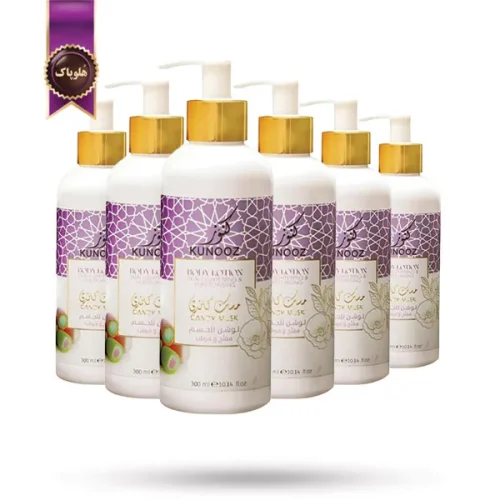 6 عدد لوسیون بدن کنوز Kunooz مدل رایحه مشک شیرین candy Musk حجم 300 میلی لیتر (اورجینال)