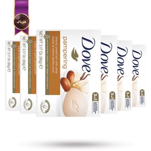 6 عدد صابون داو dove مدل عصاره کره شیا و وانیل Pampering وزن 90 گرم (اورجینال)