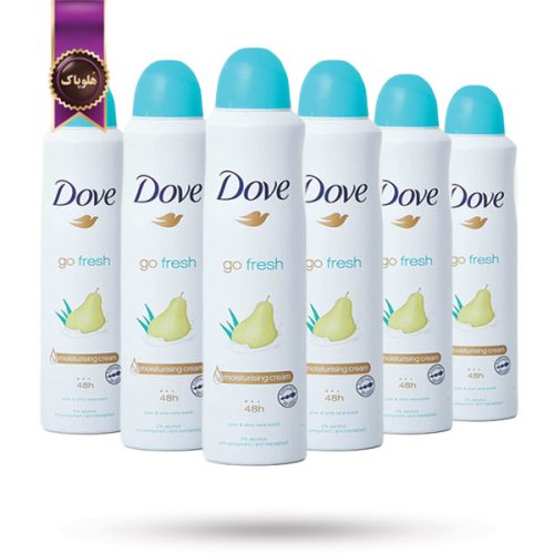 6 عدد اسپری دئودورانت ضد تعریق زنانه داو Dove مدل رایحه گلابی و آلوئه‌ورا Go Fresh حجم 250 میلی لیتر (اورجینال)